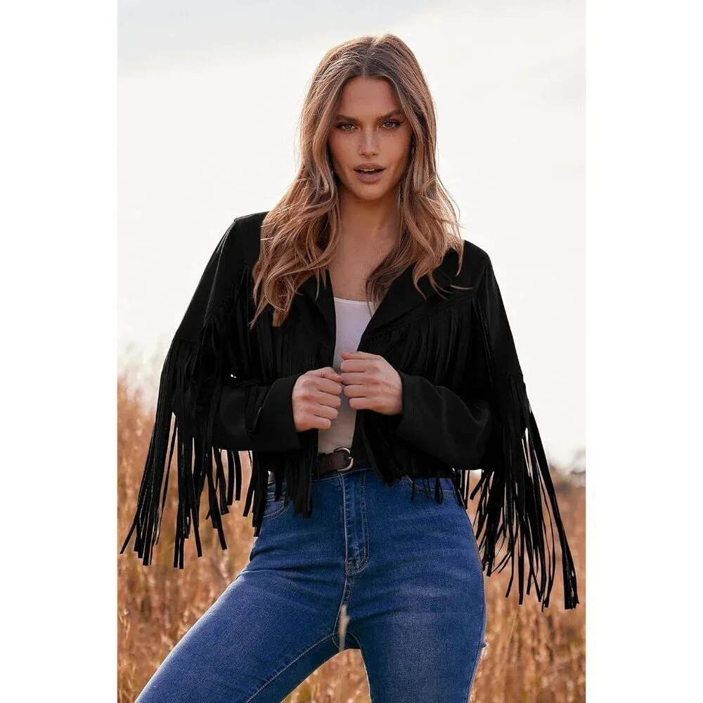 Women's Black Fringe Faux Suede Leather Tassel Motorcycle Cropped Jackets - Picture 7 of 9